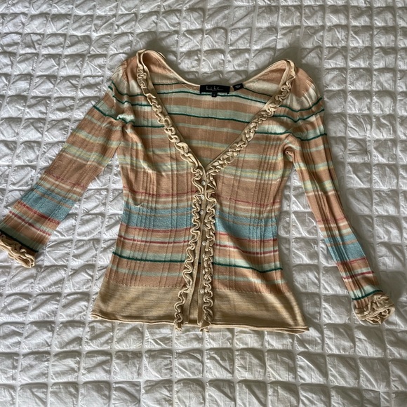 Nicole Miller Y2K Silk Multicolor Striped Blouse with Ruffles - Picture 1 of 8